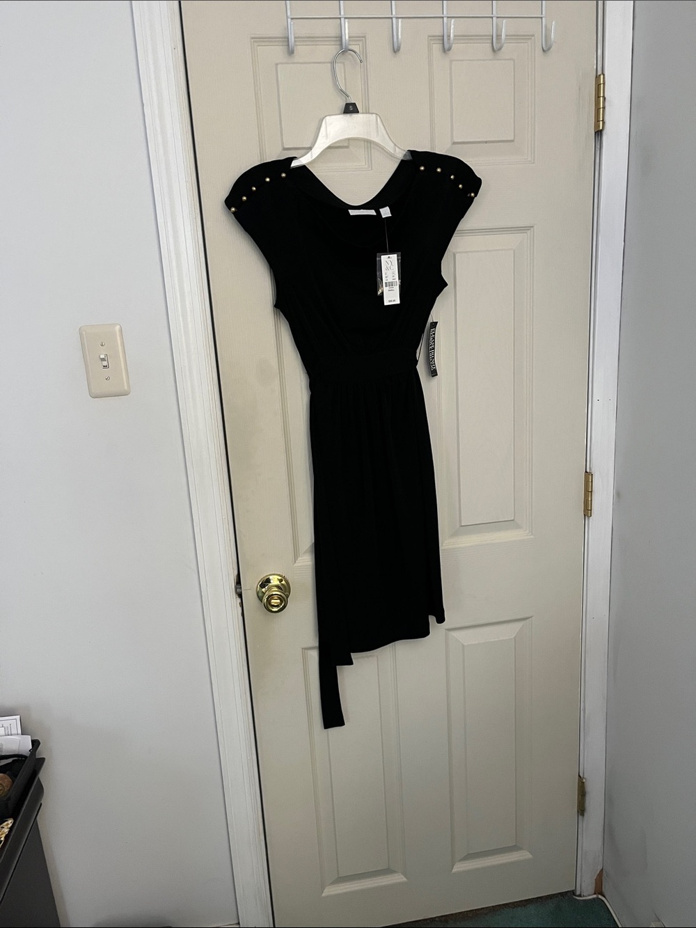 New York & Company Black Asymmetric Hem Stud-Shoulder Dress